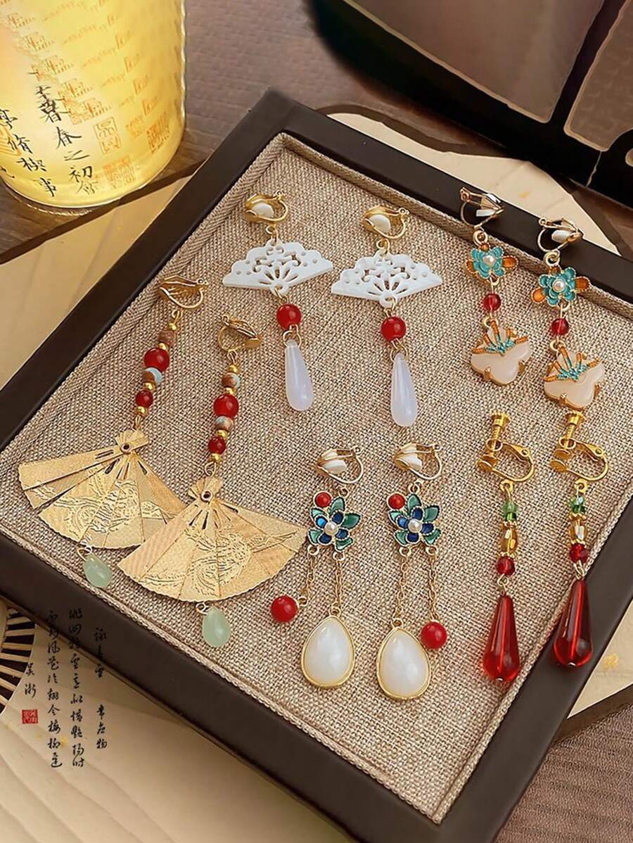 2 件时尚镂空扇形夹式耳环，中国复古几何风格无穿孔耳环 - 彩色 - 查看 1