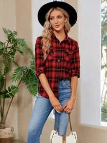 Women's Elegant Plaid Long Sleeve Red Shirt, Fashionable And Versatile Blouse For Autumn/Winter