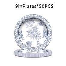 套装/80 件青花瓷主题派对一次性餐具套装、花卉图案纸杯、9 英寸/7 英寸一次性纸盘、冷饮和咖啡杯 - 彩色 - 查看 11