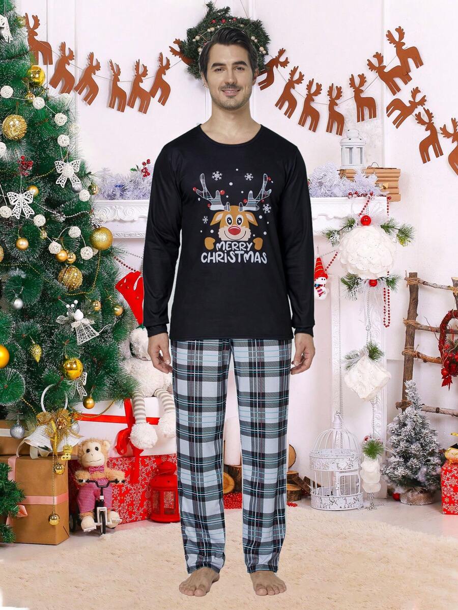 男士圣诞睡衣套装（2件套），圣诞树印花长袖上衣和长裤，舒适的节日家居服 - 黑色 - 查看 1