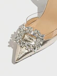 Women's Pointed Toe Rhinestone Decor Backless High Heel Shoes, Elegant & Comfortable Slip-On Pumps, Suitable For Party, Wedding, Formal Events In Autumn/Winter. Run Large, Gold Color,Kitten Heels,Elegant,Elegant - Gold - View 7