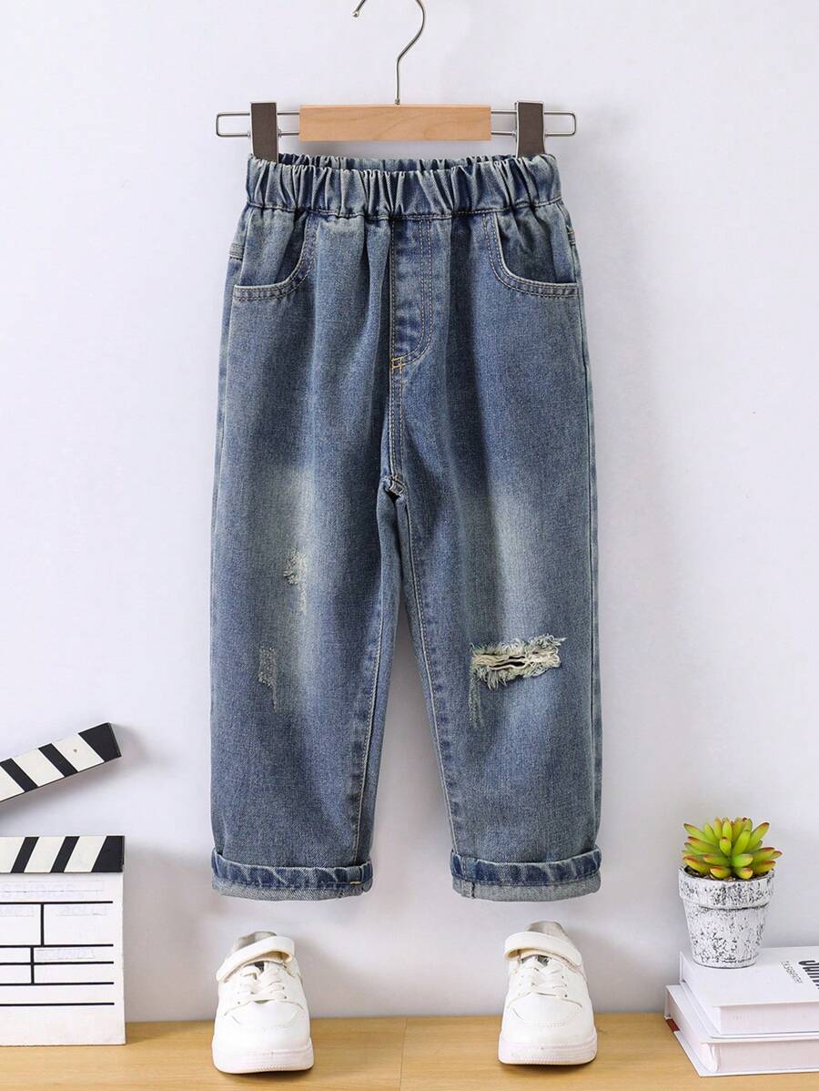 New Autumn Tween Boy Distressed Personalized Straight Leg Jeans, For Bigger Children - Medium Wash - View 1