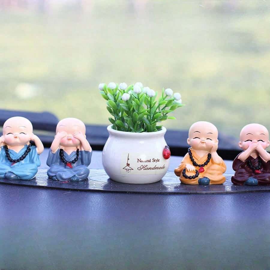 5pcs Cartoon Mini Buddha Bead New Four Unwise Monk Figurines Decor, Silicone Non-Slip Pads, Resin Statuettes, Cute Car Interior Decorations, For Bookshelf, Living Room, Office, Cabinet, Desk, Foyer, Room, Home Decor Best Gifts Birthday Graduation