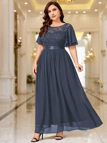 Plus Sequin Lace Bodice Contrast Chiffon Butterfly Sleeve Wedding Party Guest Long Dress, Formal Dress, Fall Dresses, Wedding Guest Dress, For Birthday, Formal Events, Ceremony