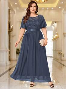 Plus Sequin Lace Bodice Contrast Chiffon Butterfly Sleeve Wedding Party Guest Long Dress, Formal Dress, Fall Dresses, Wedding Guest Dress, For Birthday, Formal Events, Ceremony