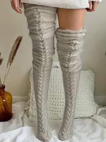 1 Cặp tất dài qua đầu gối cho nữ, dệt kim, siêu dài, đan ấm áp, mặc thường ngày, thu/đông - Màu be - Xem 2