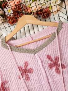 Plus Size Casual Loose Floral Print Hooded Pullover Sweater, For Winter - Pink - View 9