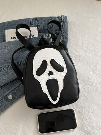 Fashionable Contrast Color Skull Print PU Mini Backpack, Casual Versatile Daypack Suitable For Women, Halloween Use, Phone Pouch (Relatively Small Size)