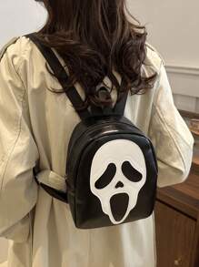 Fashionable Contrast Color Skull Print PU Mini Backpack, Casual Versatile Daypack Suitable For Women, Halloween Use, Phone Pouch (Relatively Small Size)