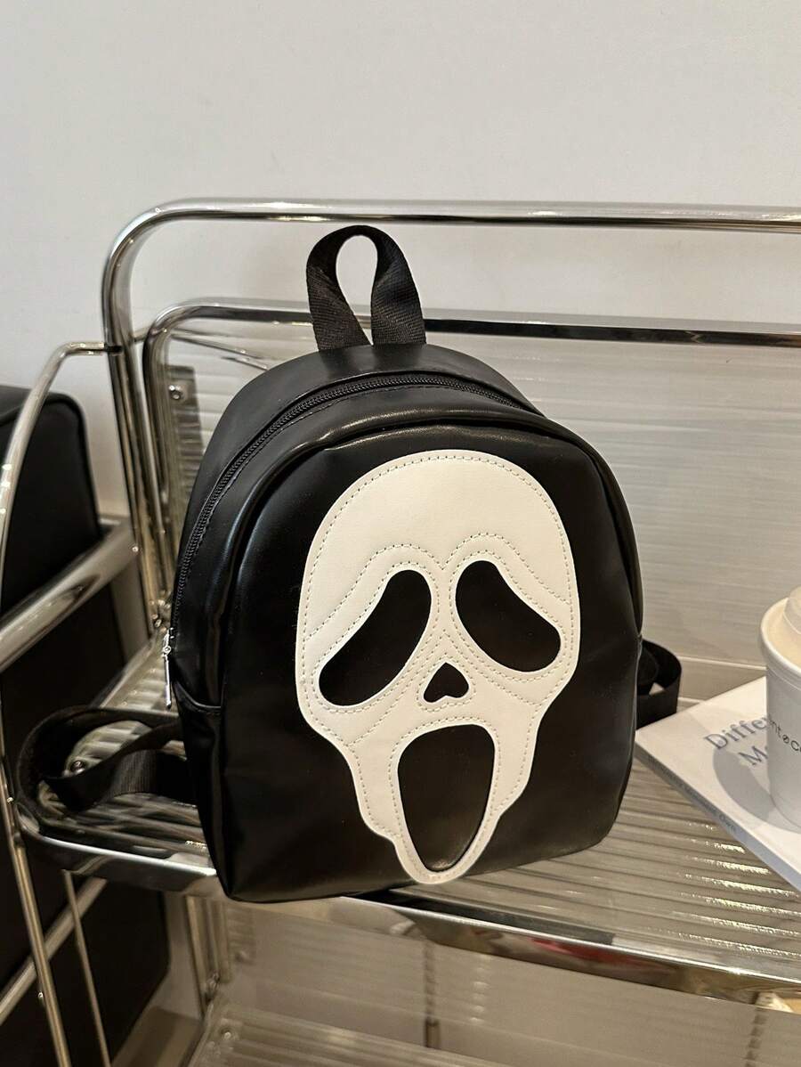 Fashionable Contrast Color Skull Print PU Mini Backpack, Casual Versatile Daypack Suitable For Women, Halloween Use, Phone Pouch (Relatively Small Size)