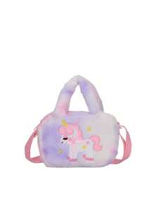 1pc Zipper Closure, Fashionable Children's Cartoon Unicorn Five-Pointed Star Handbag, Plush Square Shoulder Bag, Kindergarten Girl Crossbody Small Square Bag, Cute Girl Gradient Bag, Comfortable And Adjustable Shoulder Strap, Versatile And Suitable For And Playing, Daily School Use, Perfect Gift For Children