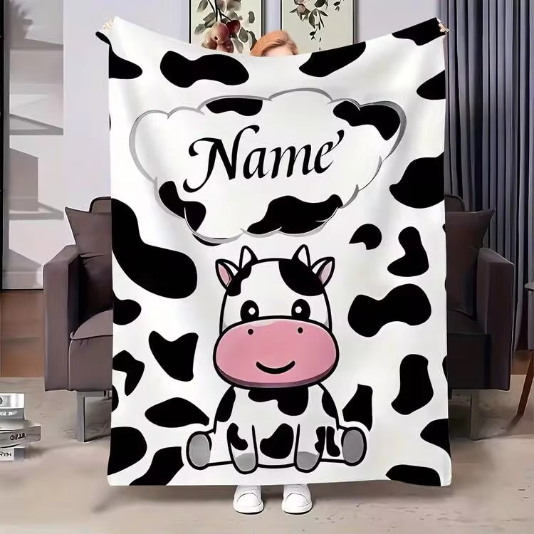 1pc Customizable Cartoon Cow Pattern Flannel Blanket - Perfect Gift, Customizable Text, Cow Pattern Animal Print Quilt - Soft And Comfortable, Machine Washable, Digital Print Polyester Fabric, Suitable For Sofa, Bed, Etc. Soft And Comfortable, Customizable, Personalized, Suitable For Anniversary, Housewarming, Etc. - Multicolor - View 14