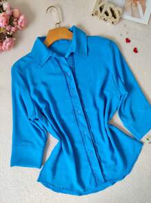 Women's Dress Shirt 3/4 Sleeve Dune Fabric - 藍色 - 查看 3