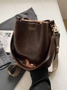 Mini Autumn And Winter Fashion Texture Solid Color PU Bucket Bag Retro Versatile Ladies Shoulder Bag - Coffee Brown - View 2