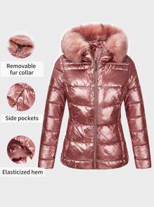 Risissida Damen leichte Daunenjacke mit abnehmbarer Kapuze und Fellkragen - modischer und eleganter Herbst-/Wintermantel mit verdecktem Reißverschluss, Taschen und gerippten Bündchen, Damen Winterbekleidung - Pink - Übersicht 1