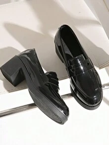 女士低跟圆头一脚蹬漆皮乐福鞋休闲工作鞋厚底黑色高跟鞋 - 黑色 - 查看 2