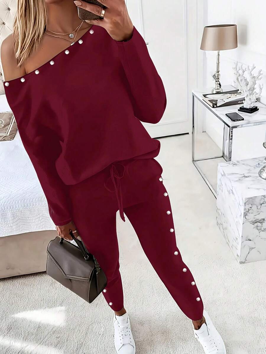 女士休闲纯色长袖上衣和长裤两件套