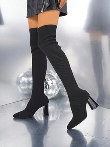 秋冬女士黑色靴子，新款时尚针织高跟高筒靴，性感派对优雅修身过膝靴 - 黑色 - 查看 3