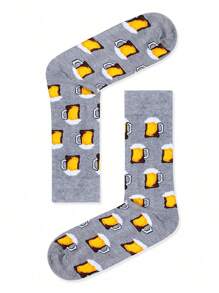 1 Pair Unisex Grey Beer Design Mid-Calf Socks, , Suitable For All Seasons - Multicolor - View 3