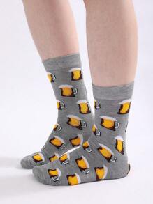 1 Pair Unisex Grey Beer Design Mid-Calf Socks, , Suitable For All Seasons - Multicolor - View 5