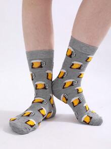 1 Pair Unisex Grey Beer Design Mid-Calf Socks, , Suitable For All Seasons - Multicolor - View 4
