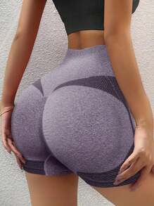 1 Stück lila nahtlose High Waist Yoga Shorts, bequeme & atmungsaktive Bauch Control Hebe Po Shorts