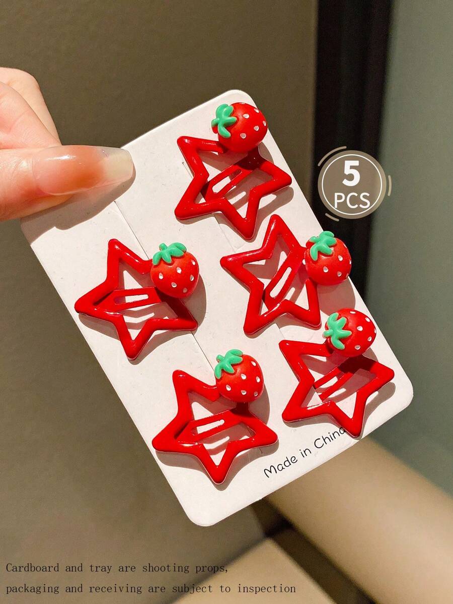 5 piezas Pasadores de cabello de 3 cm con estrella roja y fresa, estilo Y2K, accesorios de cabello minimalistas con estrella para uso diario, escuela y exterior - Sin cartón - Rojo - Ver 1