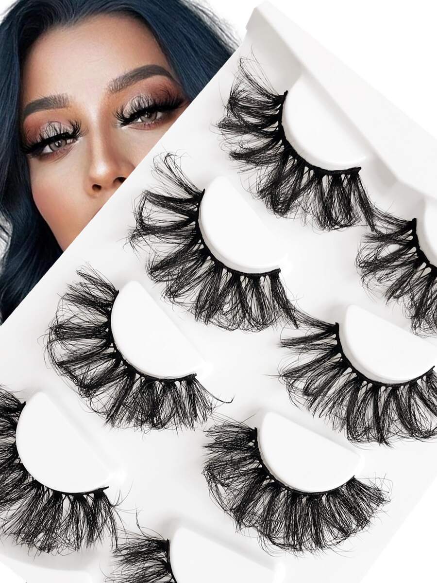Asiteo 4 Pairs 25mm 9D Faux Mink Lashes Bulk Russian Volume Fluffy Natural False Eyelashes Thick Dramatic Faux Mink Eyelashes - 黑色 - 查看 1