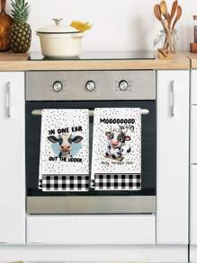 2 paquetes de trapos de cocina contemporáneos de microfibra - con tema de granja de vacas de dibujos animados - tela de punto absorbente y resistente al desvanecimiento para la cocina, cocinar, hornear, regalos de inauguración de la casa - trapos de té ovalados lavables a máquina