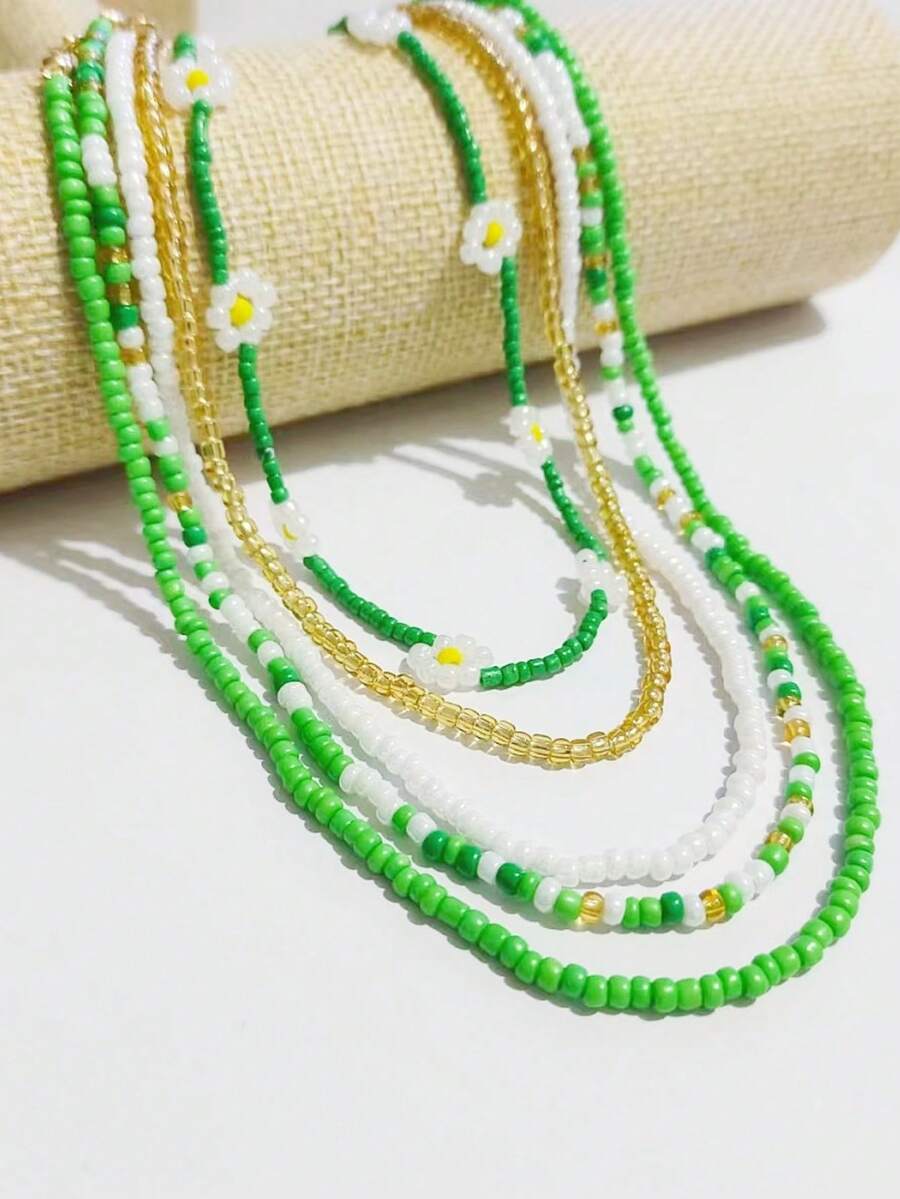 5pcs/Set Vintage Seed Bead Necklace, Bohemian Beaded Flower Necklace