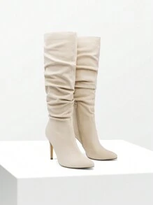 Knee High Boots For Women, Pointed Toe Stiletto High Heel Slouchy Suede Sexy Comfortable All-Day Wear For Dating And Party Tall Boots - 米色 - 查看 8
