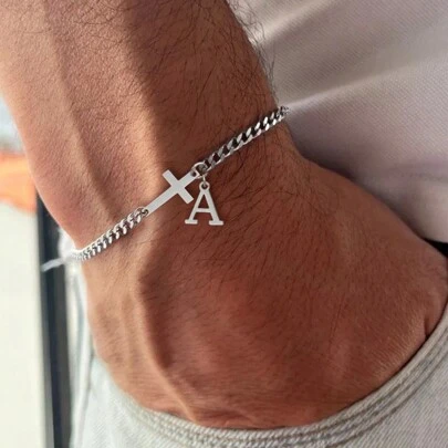 1pc Fashionable Cross & Letter Stainless Steel Chain Bracelet For Men, Silver-Color