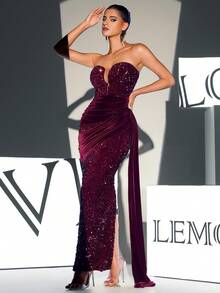 Women's Burgundy V-Neck Halter Sequin Slit Asymmetrical Hem Maxi Evening Dress - Red - View 4