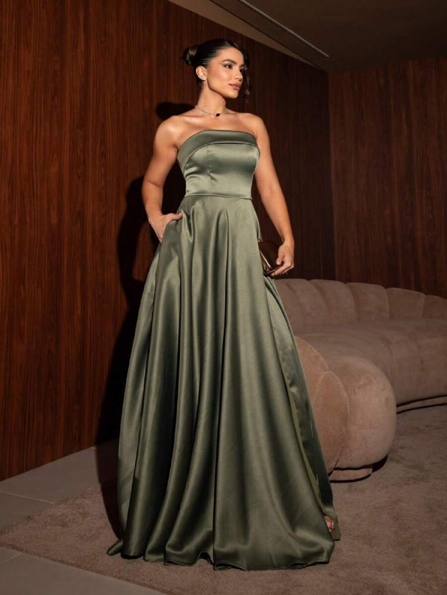 Long Strapless Princess Style Bridesmaid Prom Debutante Party Dress In Luxurious Satin Fabric Without Shine - 橄欖綠 - 查看 1