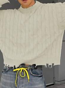 Men's Loose Casual Street Ripped Fringe Crew Neck Long Sleeve Pullover Sweater, Versatile Knit Top For Spring, Autumn, Winter - Apricot - View 4