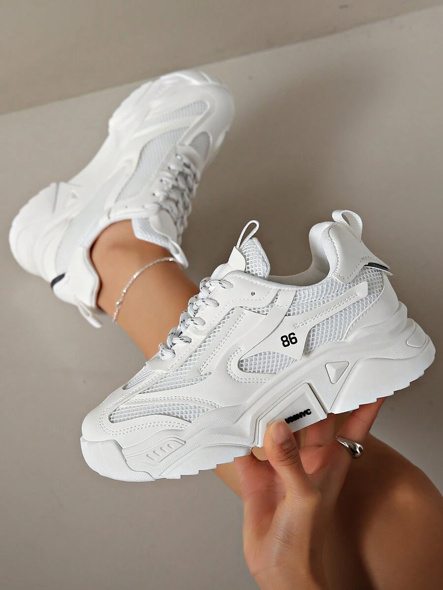 2024 New Women's Thick Sole Chunky Sneakers, White, Mesh & Patchwork, Casual Shoes For All Seasons, Height Increasing