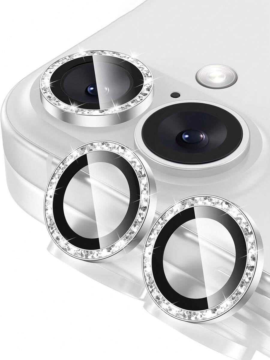 Bộ 3 miếng dán bảo vệ ống kính máy ảnh tương thích với iPhone 16/16 Plus, miếng dán bảo vệ màn hình bằng kính cường lực 9H, độ phân giải HD trong suốt, nhẫn kim loại cá nhân tương thích với iPhone 16 6.1 inch/16 Plus 6.7 inch 202 4 món quà sinh nhật, gia đình, bạn bè Pha lê lấp lánh, miếng dán bảo vệ ống kính, phụ kiện điện thoại chống nước, chống sốc, chống rơi, chống rơi, chống trầy xước, chống bám vân tay, bao phủ toàn bộ - Bạc - Xem 1