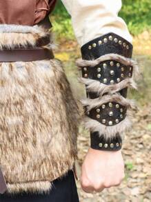 1Pc Medieval Viking Warrior Faux Leather Wristguard Steampunk Riveted Arm Guard Live Action Role Playing Costume Men And Women Halloween Accessories - Black - View 1