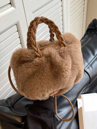 2022 New Fashion Women's Shoulder Bag, Small Unique Design Crossbody Bag, Casual Versatile Tote Bag, Comfortable Soft Faux Fur Fabric, Solid Color, Magnetic Closure, Adjustable Long Strap, Roomy Interior, Autumn/Winter Bucket Bag, Cloud-Like Design