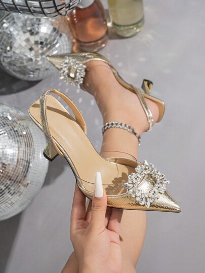 Zapatos de tacón alto con decoración de rhinestones y punta afilada para mujer, elegantes y cómodos, tipo slip-on, adecuados para fiestas, bodas y eventos formales en otoño/invierno. Talla grande, color dorado, tacón de gatito, elegante