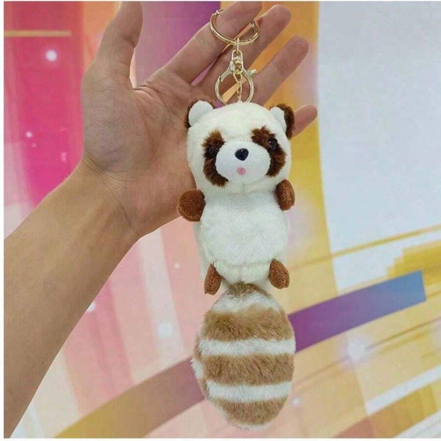 Llavero con muñeco de mapache de peluche, muñeco colgante, pareja, mochila, colgante, máquina de garra, juguete para regalo - Beis - Ver 1