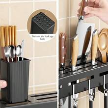 Wall-Mounted Knife Rack, Multifunctional Kitchen Knife Storage Rack With Hook, No Drilling Required, Stainless Steel Knife Storage Rack For Hanging Spoons And Chopsticks - Black - View 4