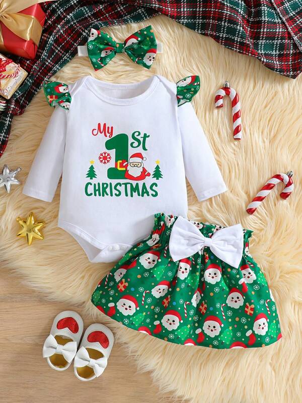 Conjunto de ropa de Navidad para niñas bebé, que incluye mono con cuello con volantes y gráfico de letras, falda con estampado de Papá Noel de dibujos animados con moño grande, y diadema, un conjunto adorable para otoño/invierno