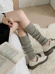 2 Pairs Women Solid Color Vertical Striped Simple Fashionable Warm Thicken Leg Warmers, Autumn/Winter