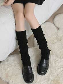 2 Pairs Women Solid Color Vertical Striped Simple Fashionable Warm Thicken Leg Warmers, Autumn/Winter