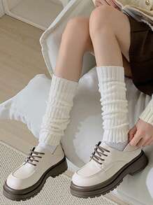 2 Pairs Women Solid Color Vertical Striped Simple Fashionable Warm Thicken Leg Warmers, Autumn/Winter