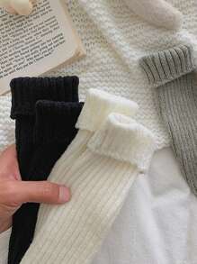 2 Pairs Women Solid Color Vertical Striped Simple Fashionable Warm Thicken Leg Warmers, Autumn/Winter
