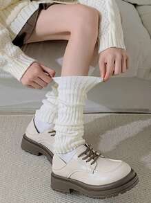 2 Pairs Women Solid Color Vertical Striped Simple Fashionable Warm Thicken Leg Warmers, Autumn/Winter