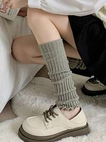 2 Pairs Women Solid Color Vertical Striped Simple Fashionable Warm Thicken Leg Warmers, Autumn/Winter