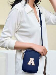 Navy Blue Casual Fashionable Towel Fabric Crossbody Bag, Embroidered With White Letters A-Z, Mini Bag With Phone Pocket And Coin Purse, Women's Crossbody Phone Bag, Shoulder Bag, Coin Purse, Wallet, Handbag, Suitable For Women, Girls, Travel, Back To School, Gifts, Large Capacity, Best Gift For Family - Navy Blue - View 6